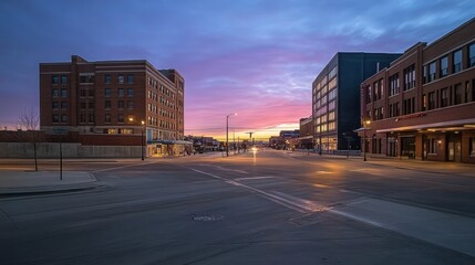 Poster - Serene sunrise over empty city street, showcasing modern and historic architecture.