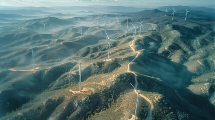 Poster - Massive wind turbines along multiple mountain ridge lines with turbines connected by a myriad of wide dirt tracks scarring the landscape. Aerial high view.