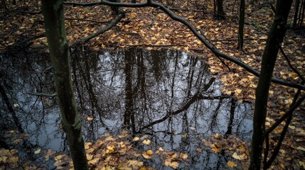 Poster - Autumnal forest puddle reflecting trees and leaves.