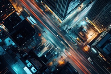 Aufkleber - Aerial night view of city intersection with light trails.