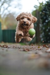 Aufkleber - Happy brown puppy mid-air, catching a green ball.