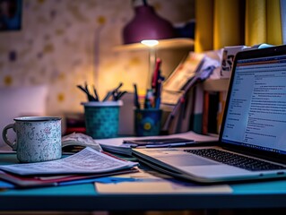 Poster - Cozy workspace at night with laptop, books, mug, and desk lamp.