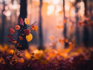 Aufkleber - Autumn leaves on a branch in a sunlit forest.
