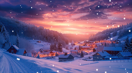 Poster - Winter Christmas, beautiful blue-purple sunset in the evening sky, A beautiful village.