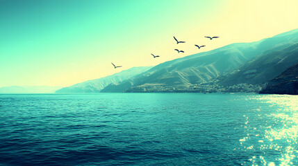 Poster - Breathtaking coastal view with turquoise waters and birds soaring above the mountains