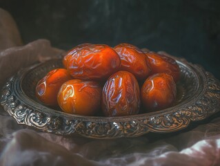 Poster - Close-up of a pile of dates on an ornate silver plate.