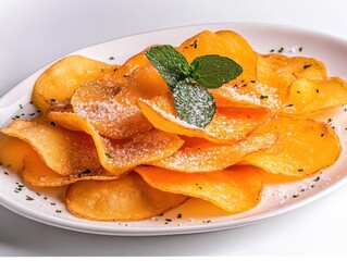 Poster - Crispy potato chips with herbs and spices on a white plate.