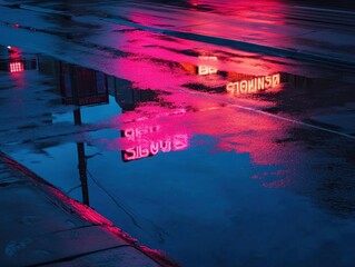 Poster - Neon signs reflected in a rain-slicked city street at night.