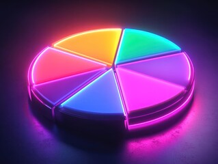 Fototapete - Neon pie chart with six vibrant color segments.