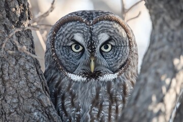 Poster - Great grey owl perched in a tree, looking directly at the camera.