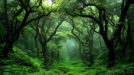 Aufkleber - Lush green forest with mist, creating a serene and tranquil atmosphere