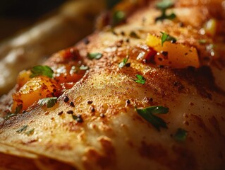Poster - Close-up of a delicious crepe topped with caramelized apples and herbs.