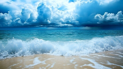Poster - Serene ocean waves crashing on a sandy beach under a cloudy blue sky