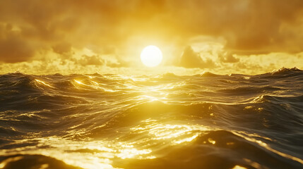 Poster - Golden sun setting over ocean waves, creating a serene and peaceful atmosphere