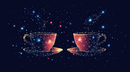 Poster - Coffee cup. Tea cup. Vector polygonal image in the form of a starry sky or space, consisting of points, lines, and shapes in the form of stars with destruct shapes.