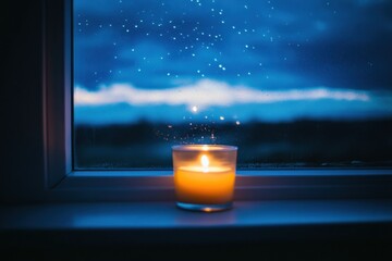 Aufkleber - Lit candle on windowsill at night, rain outside.