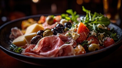 Poster - Close-up of a gourmet charcuterie board featuring prosciutto, cheese, olives, tomatoes, and arugula.