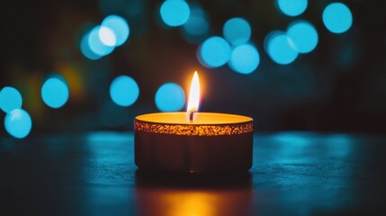 Poster - Lit candle on dark surface with blue bokeh background.