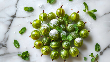 Wall Mural - Overhead shot of fresh green gooseberries with mint leaves and powdered sugar on a marble background.  Concept of healthy food, summer dessert,  farm to table.