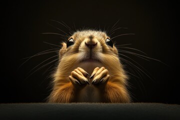 Poster - Close-up of a cute squirrel with paws together, looking up against a dark background.