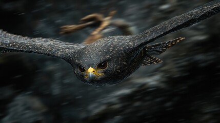 Poster - Close-up of a dark falcon in flight, its intense gaze directed at the camera, blurred background.