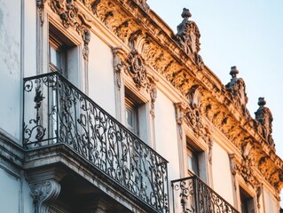 Aufkleber - Ornate balcony and building facade detail at sunset.
