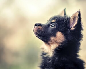 Aufkleber - Adorable fluffy puppy looking up, curious expression, soft focus background.