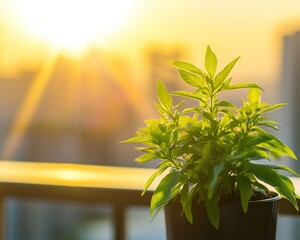Poster - Sunset illuminates potted plant on balcony, city backdrop.