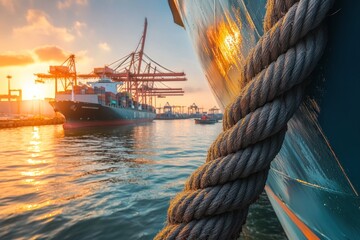 Poster - Cargo ship at sunset, close-up of thick rope in foreground.