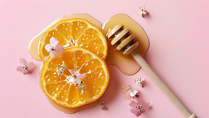 Wall Mural - Honey, orange slices, and flowers