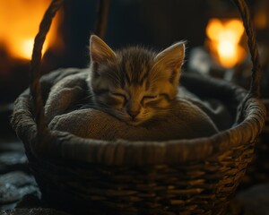 Aufkleber - Adorable tabby kitten sleeps soundly nestled in a rustic wicker basket near a warm fireplace.