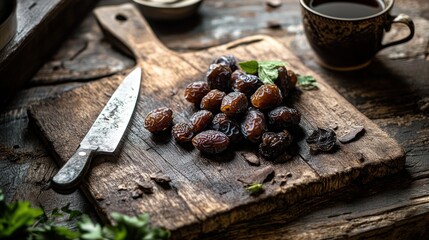 Poster - Dried dates on rustic wooden board with knife and teacup.