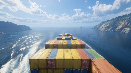 Poster - Cargo ship sailing on ocean between islands under sunny sky.