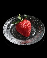 Sticker - Single ripe strawberry on a small, clear glass plate with water droplets, set against a black background.