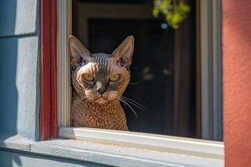 Poster - A Sphynx cat peers intently from a window, sunlight illuminating its hairless coat and striking green eyes.