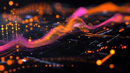 Aufkleber - Abstract data visualization with glowing lines and points forming a wave pattern on a dark background.