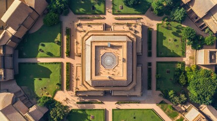 Poster - Aerial view of a symmetrical building with surrounding gardens.