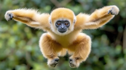 Poster - Golden-handed gibbon mid-leap, arms outstretched, facing camera, blurred green background.