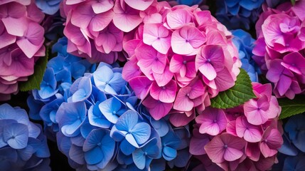 Wall Mural - Vibrant Closeup of Blooming Hydrangea Flowers in Shades of Blue Pink and Purple  Lush Floral Background with Delicate Petals and Greenery