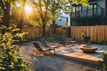 Poster - Serene backyard patio with fire pit, lounge chairs, and gravel landscaping at sunset.