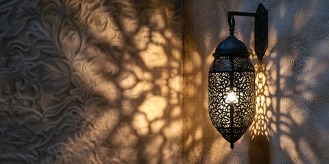 Aufkleber - Intricate metal lantern casting ornate shadows on textured wall.