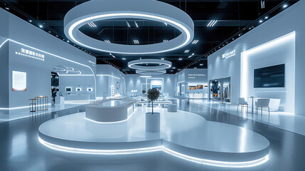 Aufkleber - Futuristic exhibition booth design, modern technology theme, white lighting, circular ceiling light structures, with Streamline structure hanging down from the top, open layout with interactive zones.