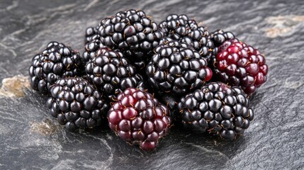 Poster - Close-up of a pile of ripe blackberries on a dark gray stone surface.