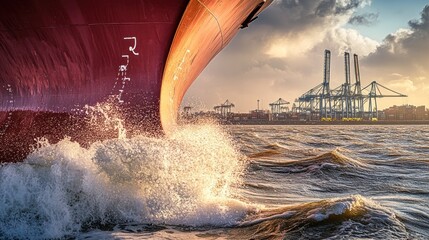Poster - Cargo ship bow cutting through waves at sunset, industrial port in background.