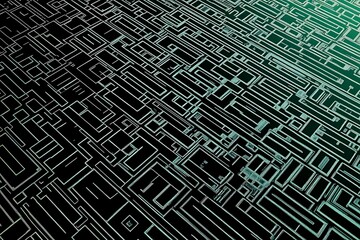 Poster - This vector illustration features a gradient green-black circuit board background, highlighted by an abstract technology pattern resembling interconnected circuitry.