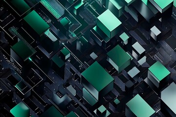 Poster - This vector illustration features a gradient green-black circuit board background, highlighted by an abstract technology pattern resembling interconnected circuitry.