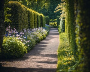 Poster - Sunlit garden path lined with vibrant flowers and neatly trimmed hedges.