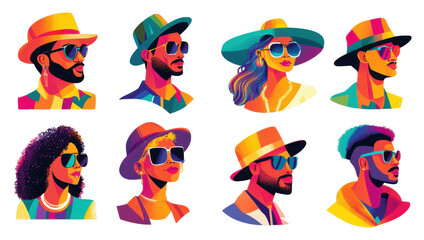Poster - vibrant portraits of trendy individuals wearing sunglasses in urban setting graphic art colorful sty