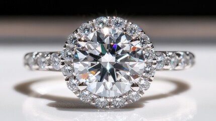 Aufkleber - Close-up of a brilliant-cut diamond ring with a halo setting, showcasing its sparkle and intricate details.