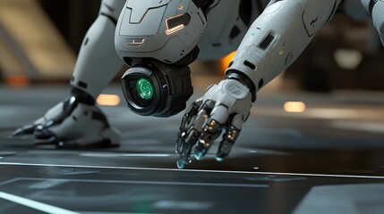 Leinwandbilder - Futuristic robot dog with advanced sensors interacts with a digital interface.